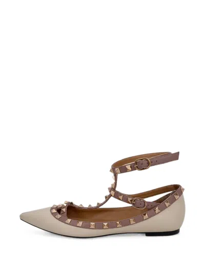 Pre-owned Valentino Garavani Rockstud Caged Ballet Flats In Neutrals