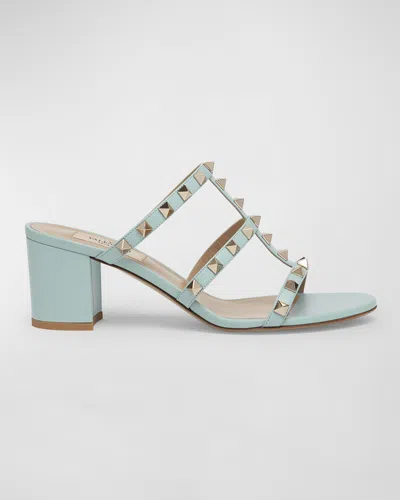 Valentino Garavani Rockstud Caged Block-heel Slide Sandals In Blue