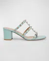 Valentino Studded Block Heel Leather Sandals In Kg7 Acquamarina