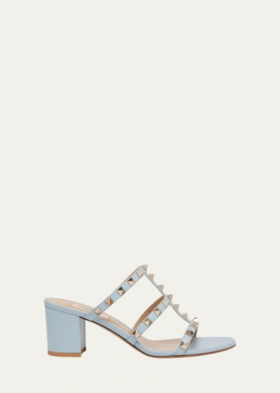 Valentino Garavani Rockstud Caged Block-heel Slide Sandals In Blue