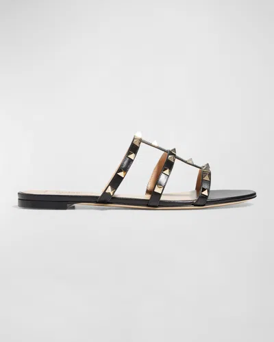 Valentino Garavani Rockstud Caged Flat Slide Sandals In Black