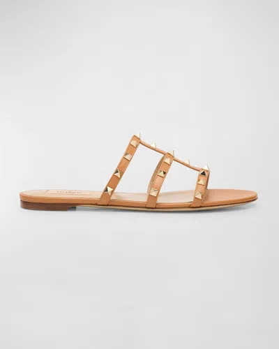 Valentino Garavani Rockstud Caged Flat Slide Sandals In White