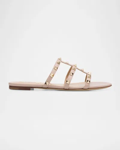 Valentino Garavani Rockstud Caged Flat Slide Sandals In Neutral