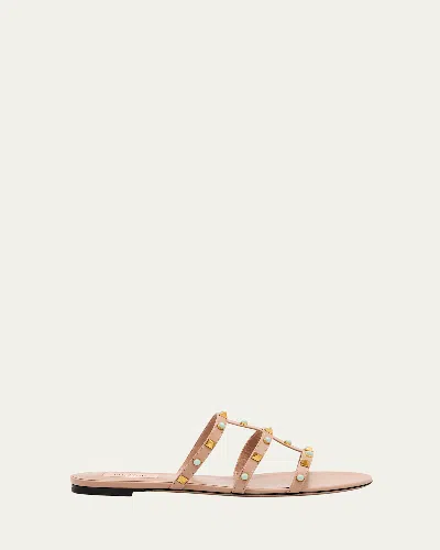 Valentino Rockstud Caged Leather Flat Sandals In Rose Cannellelatte Menta