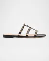 Valentino Garavani Rockstud Caged Leather Flat Slide Sandals In Black