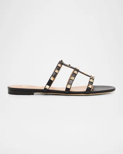 Valentino Garavani Rockstud Caged Leather Flat Slide Sandals In Black