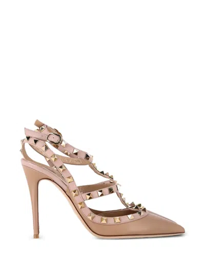 Pre-owned Valentino Garavani Rockstud Caged Leather Pumps In Neutral