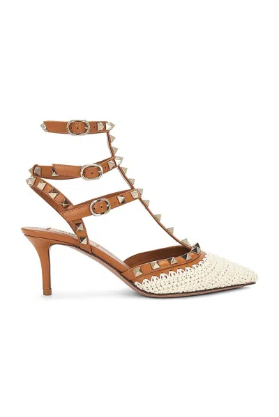 Valentino Garavani Rockstud 65 Embellished Leather And Crocheted Raffia Pumps In Beige