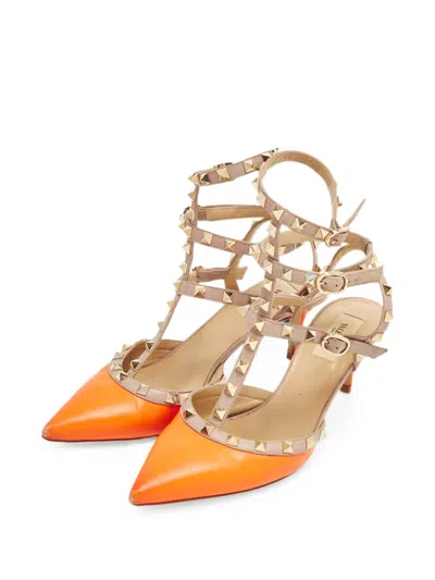 Pre-owned Valentino Garavani Rockstud Caged Pumps In Orange