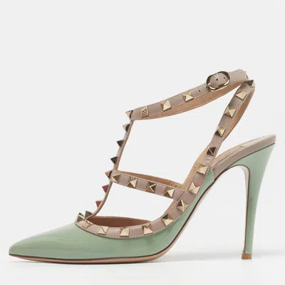 Pre-owned Valentino Garavani Rockstud Caged Size 39 Green/dusty Pink Patent And Leather Ankle Strap Pumps