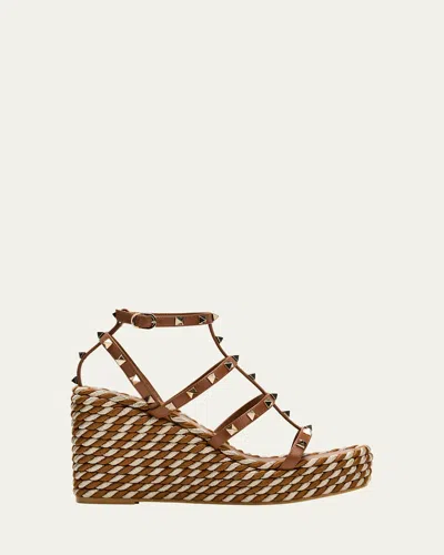 Valentino Garavani Rockstud Caged Wedge Espadrille Sandals In Tobacco