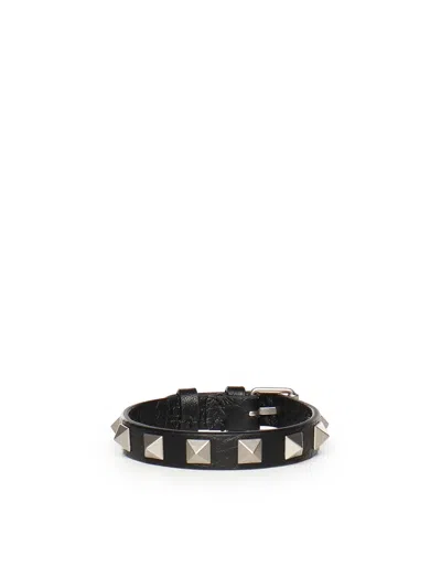 Valentino Garavani Rockstud Calfskin Bracelet In Black