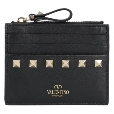 Valentino Garavani Valentino Rockstud Calfskin Card Wallet In Black