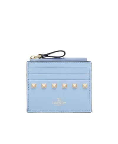 Valentino Garavani Rockstud Calfskin Cardholder With Zip In Pink