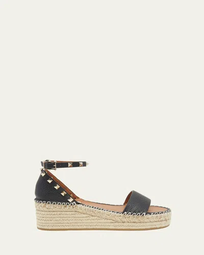 Valentino Garavani Rockstud Calfskin Flatform Espadrille Sandals In Black