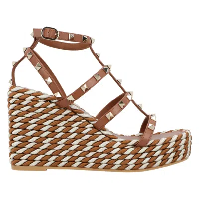 Valentino Garavani Valentino Rockstud Calfskin Wedges With Straps In Brown