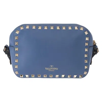 Pre-owned Valentino Garavani Rockstud Camera Crossbody Bag Leather Leather Clutche & Pouche Bag () In Blue
