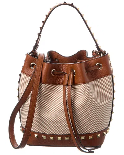 Valentino Garavani Rockstud Spike Canvas And Leather Shoulder Bag In Brown