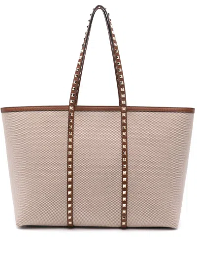 Valentino Garavani Rockstud Canvas Medium Tote In Brown