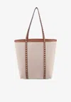 Valentino Leather And Canvas Shoulder Bag With Iconic Studs In Black