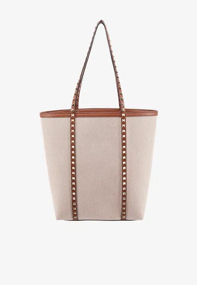 Valentino Garavani Rockstud Canvas Tote Bag In Sand