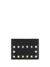 Valentino Rockstud Grainy Leather Card Holder In Nero