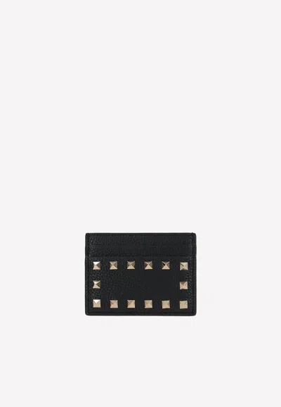 Valentino Garavani Rockstud Cardholder In Grained Leather In Black