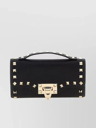 Valentino Garavani Rockstud Chain Strap Top Handle Textured Wallet In Black