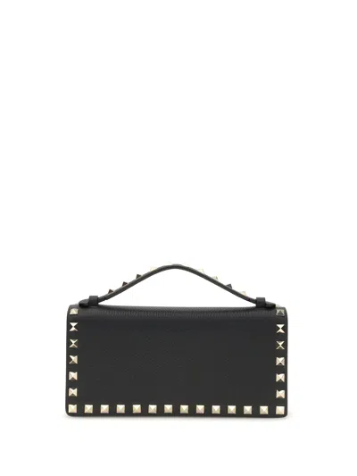 Valentino Garavani Rockstud Grainy Leather Wallet With Detachable Chain Accessories In Black