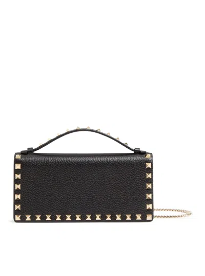 Valentino Garavani Rockstud Chain Wallet In Garnet Calfskin In Black