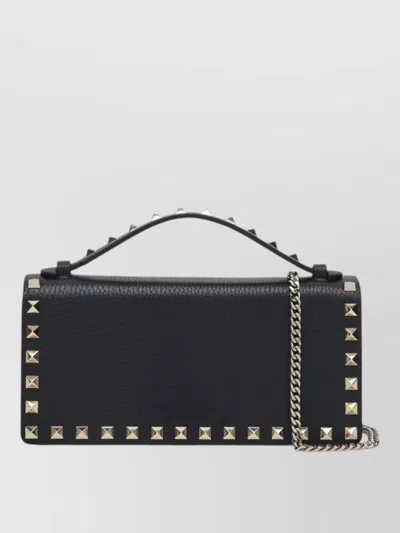 Valentino Garavani Rockstud Grainy Leather Wallet With Detachable Chain Accessories In Black