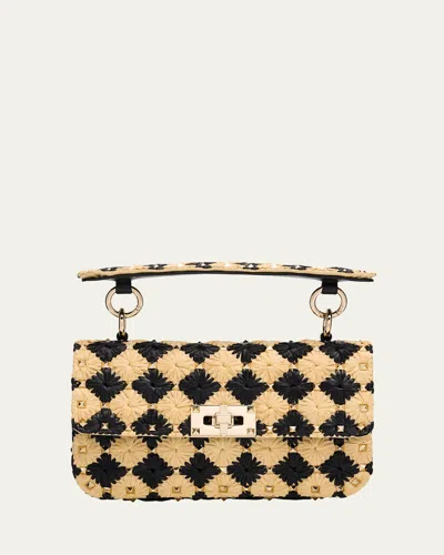 Valentino Garavani Rockstud Checkered Woven Shoulder Bag In Naturale Nero