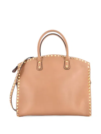 Pre-owned Valentino Garavani Rockstud Convertible Dome Leather Tote Bag In Brown