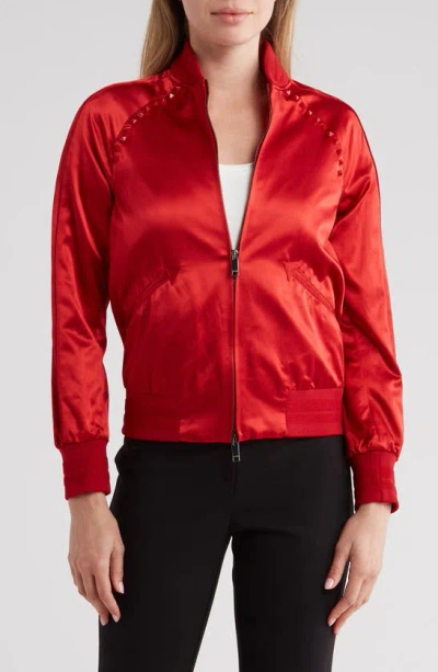 Valentino Rockstud Cotton Sateen Bomber Jacket In Rosso