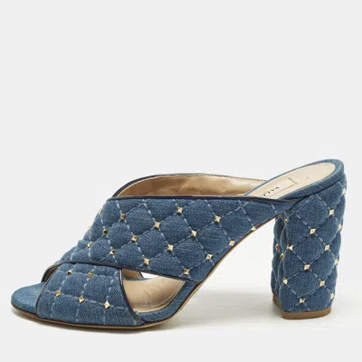 Pre-owned Valentino Garavani Rockstud Crisscross Size 38 Blue Denim Slide Sandals