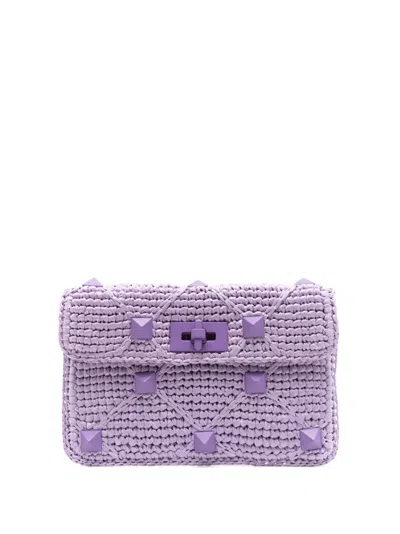 Valentino Garavani Rockstud Crochet-knit Clutch Bag In Purple