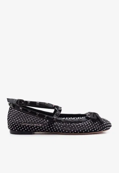 VALENTINO GARAVANI ROCKSTUD CRYSTAL MESH BALLERINAS