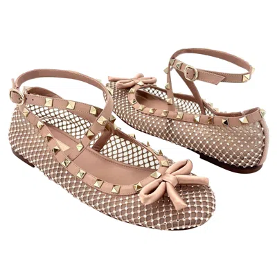 Pre-owned Valentino Garavani Valentino Rockstud Crystals Mesh Rose Cannelle Calfskin Ballerina Flats 40 In Red
