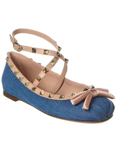 VALENTINO GARAVANI VALENTINO ROCKSTUD DENIM & LEATHER BALLERINA FLAT