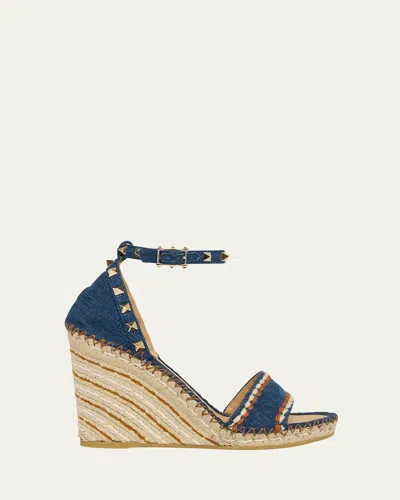 Valentino Garavani Rockstud Denim Wedge Espadrille Sandals In Blue
