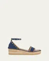 Valentino Rockstud Denim Wedge Espadrille Sandals In Blue