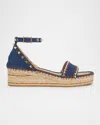 Valentino Rockstud Denim Wedge Espadrille Sandals In Blue