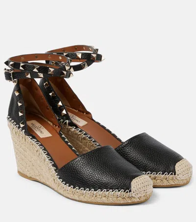 Valentino Garavani Rockstud Double Leather Wedge Espadrilles In Black