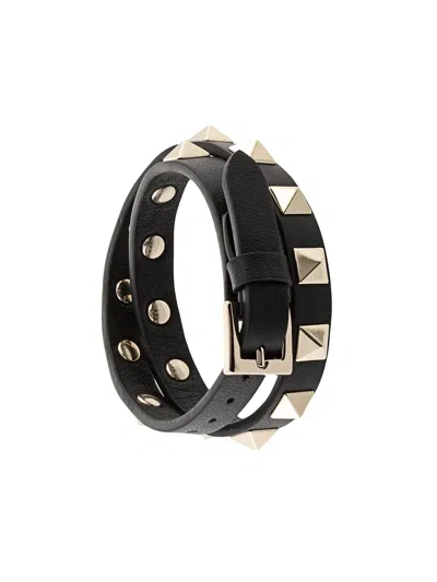 Valentino Garavani Rockstud Double-strap Leather Bracelet In Black