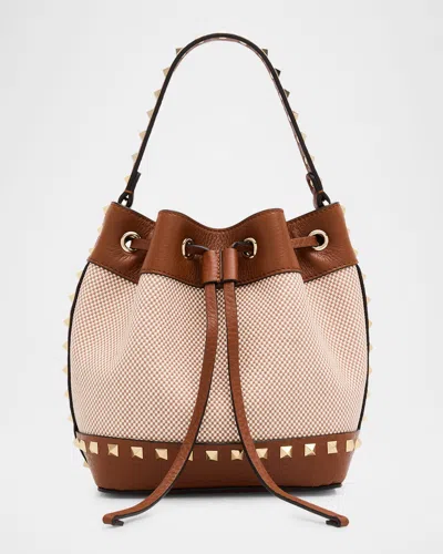 VALENTINO GARAVANI ROCKSTUD DRAWSTRING CANVAS & LEATHER BUCKET BAG
