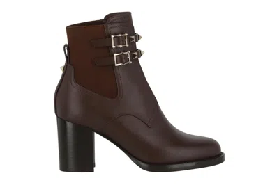 Pre-owned Valentino Garavani Valentino Rockstud-embellished Ankle Heeled Boots Dark Brown (women's)