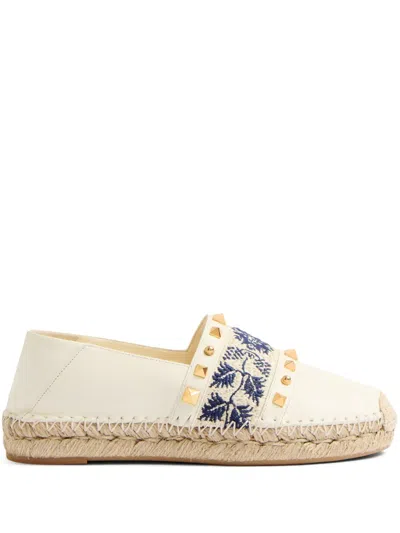 Valentino Garavani Country Leather Espadrilles In Ivory/natural/blue
