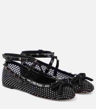 VALENTINO GARAVANI ROCKSTUD EMBELLISHED MESH BALLET FLATS