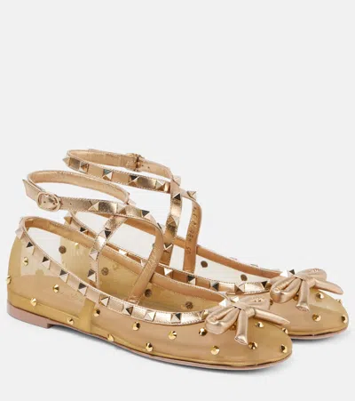 Valentino Garavani Rockstud Embellished Mesh Ballet Flats In Gold