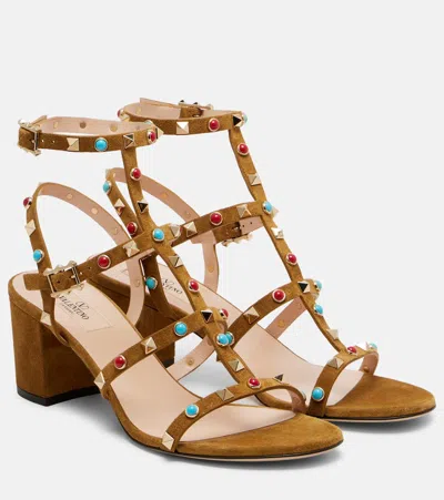 Valentino Garavani Rockstud Embellished Suede Sandals In Brown